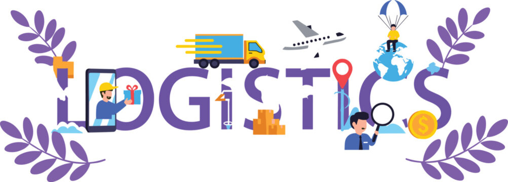 Logistics and Supply Chain Concept with Transportation, Packaging, and Global Delivery Symbols Flat Vector Illustration