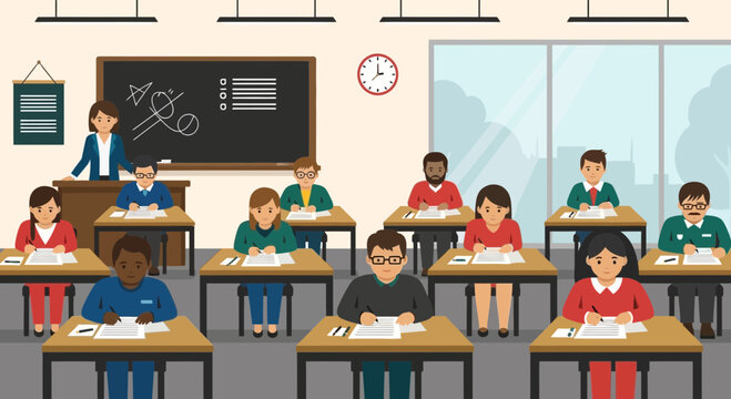 Diverse students taking exam in classroom with teacher supervising