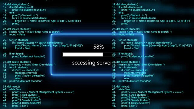 cyan glowing scanning server loading bar animation with digital binary code and cyber programming background. Programming code hacking concept.4k animation