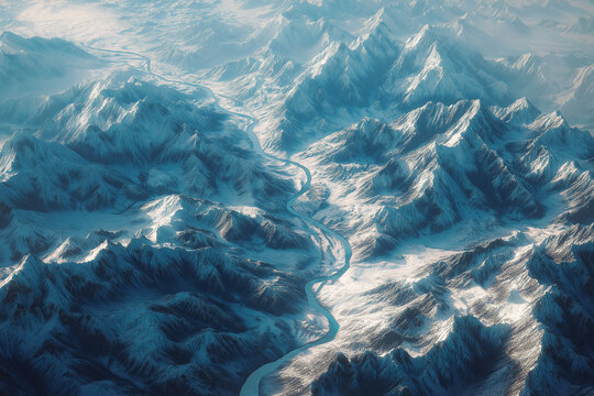 Aerial of mountain landscape with snow and river. Digitally generated image