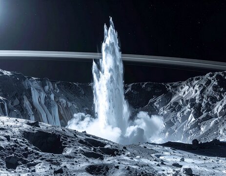 Low-angle photo of Enceladus moon with water-ice plume eruption. Translucent vapor, jagged icy crater, and Saturn rings in a black void. Space exploration and planetary science.