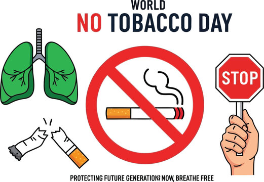 Graphic illustration symbolizing world no tobacco day promoting healthy lungs and urging to stop smoking with broken cigarettes and stop signs.