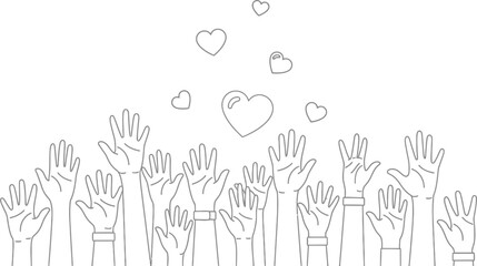 Fototapeta premium A diverse group of vector graphic hands raising up towards floating hearts, symbolizing community support, volunteerism, and shared love in a clean illustration design.