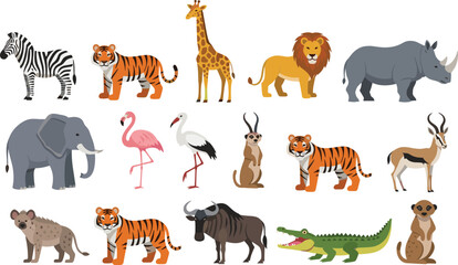 Fototapeta premium Wild safari animals set with lion tiger elephant giraffe zebra and crocodile vector illustration collection