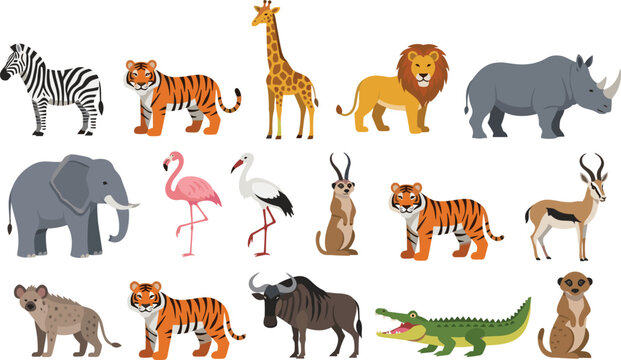 Wild safari animals set with lion tiger elephant giraffe zebra and crocodile vector illustration collection