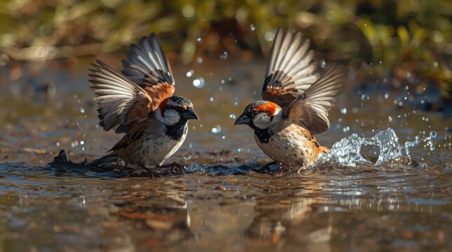 Two sparrows bathing in a shallow water puddle wings fluttering water splashing natural scene