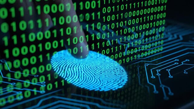 Digit presses a glowing fingerprint, surrounded by binary code over a circuit board