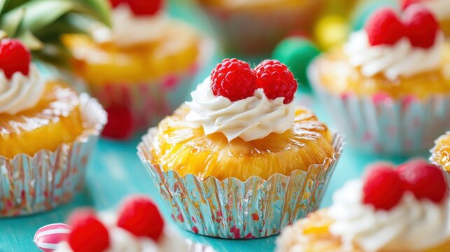 Close up view of individual pineapple upside down cake