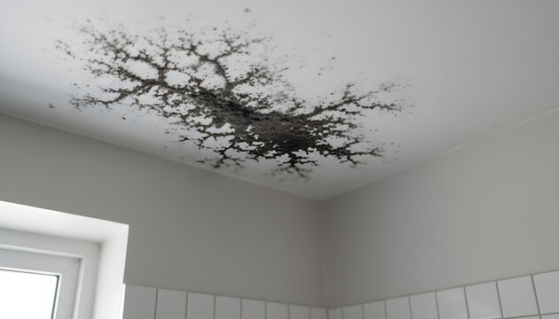 Severe black mold and mildew stains on bathroom ceiling spreading from water damage, representing health risks and property maintenance needs for a home restoration concept