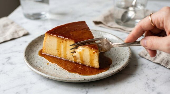 Pudim, A person slices into a delectable custard flan covered in caramel sauce.