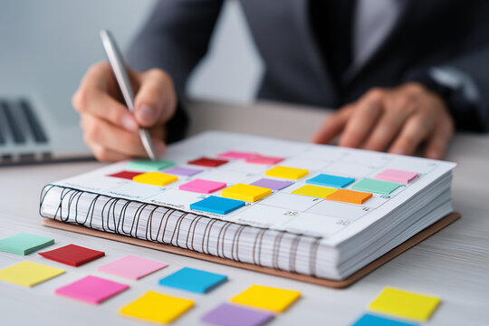 Business professional planning schedule on desk calendar with colorful sticky notes. Concept of time management, productivity, organization, and workflow