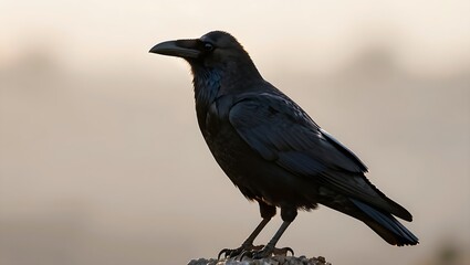 Obraz premium Common raven perched on a rock in the soft light of dawn