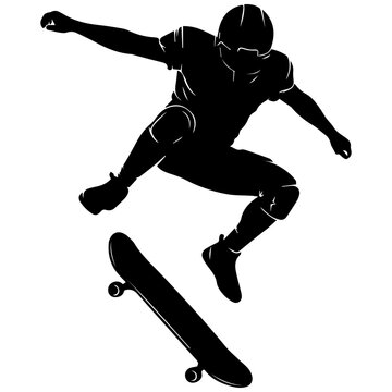 Silhouette of an American skateboarder performing a trick in mid-air against a black background, dynamic and energetic composition