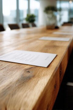 Wooden meeting table with document and chair in modern office interior. Professional workspace for business conference or seminar. Corporate boardroom setting with natural material.