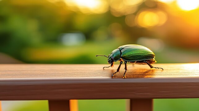 Emerald June Beetle Crawling on a Wooden Surface