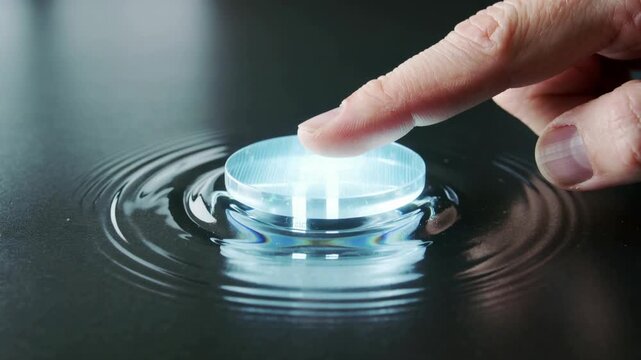 A finger hovers over a glowing button, poised to make a decision or take action, conveying a sense of anticipation and technology.