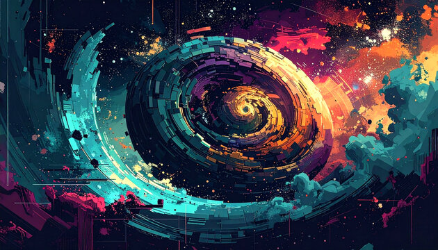 Abstract digital vortex illustration in vibrant neon colors