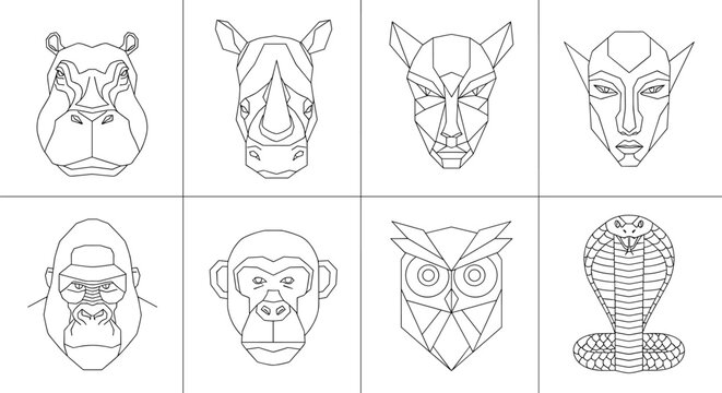 Geometric Animal Faces in Low Poly Art Style Featuring Hippo, Rhino, Gorilla, Snake, Owl, and More Flat Vector Illustration