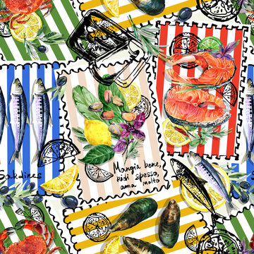 Watercolor seafood seamless pattern with salmon steaks and sardines. Mediterranean postage stamps with Italian quote Mangia bene on colorful striped background