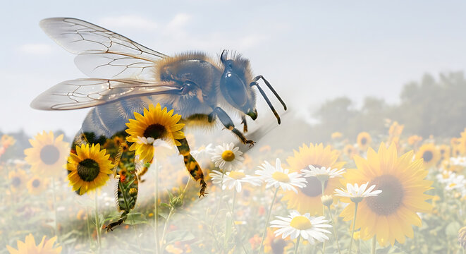 Pixelated bee on sunflowers in a field
