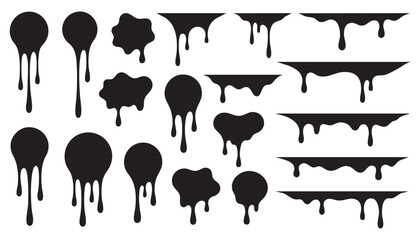 Set of black liquid dripping shapes and borders. Vector illustration of paint drips, ink splashes, and oozing slime silhouettes isolated on white. © Tanjir