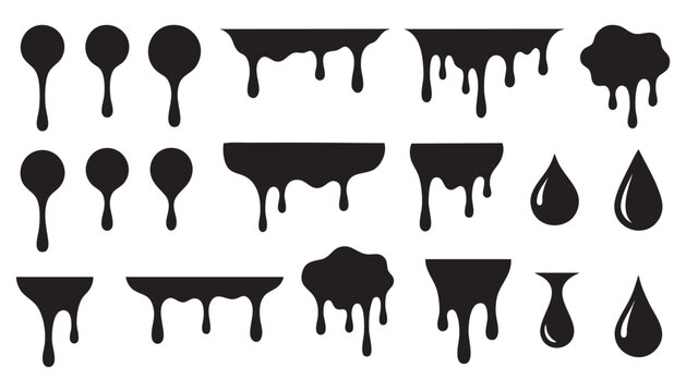 Black dripping liquid silhouettes set, ink splatters and paint drips vector collection on white background