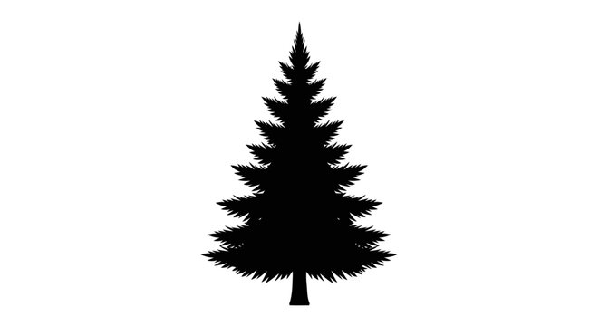 Isolated black silhouette of a detailed spruce tree with dense needles and a tapered trunk against a clean white background evoking nature and winter themes