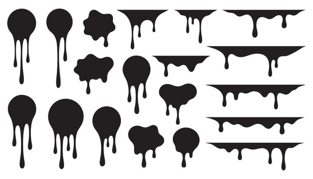 Set of black liquid dripping shapes and borders. Vector illustration of paint drips, ink splashes, and oozing slime silhouettes isolated on white.