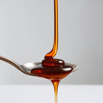Thick dark honey slowly dripping from a metal spoon in a studio setting food ingredient dessert topp