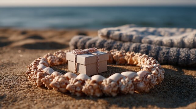 Gift box inside shell wreath on sandy beach with folded towels and ocean horizon