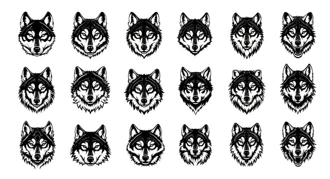 Collection of stylized wolf head illustrations featuring diverse expressions and detailed fur textures presented in a monochromatic graphic art style on a clean white background