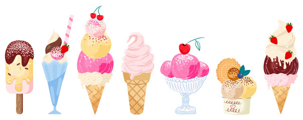 en this high quality vector collection features various ice cream types including popsicles scoops in bowls and cones with toppings. the graphics are perfect for professional menu design  © Svetlana