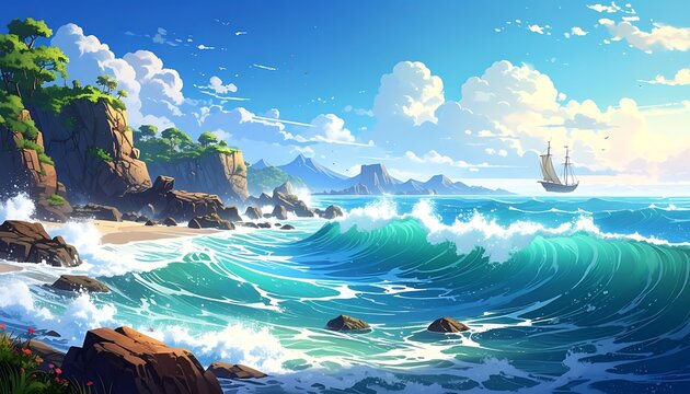 Ocean surf and sailboat