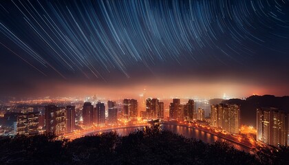 a long exposure shot of a city skyline during a massive power outage with most buildings in darkness except for a few backup lit homes scattered throughout the stars shine brighter against the