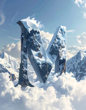 3D letter M formed by snow-capped mountains rising from clouds epic landscape