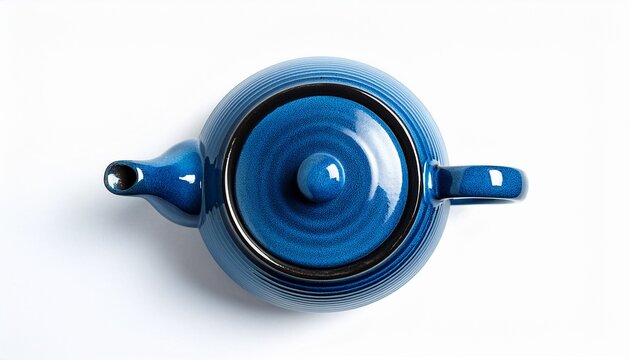 blue ceramic teapot isolated on white background top view