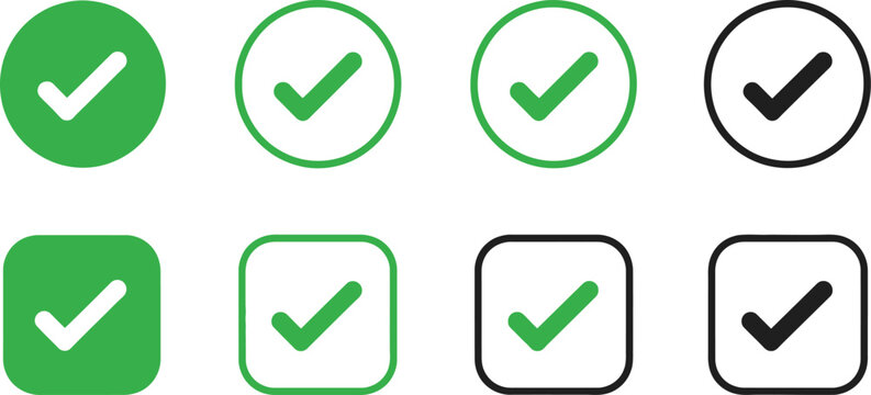 Checkmarks in green and black colors represent completion and verification status for lists and interactive forms.