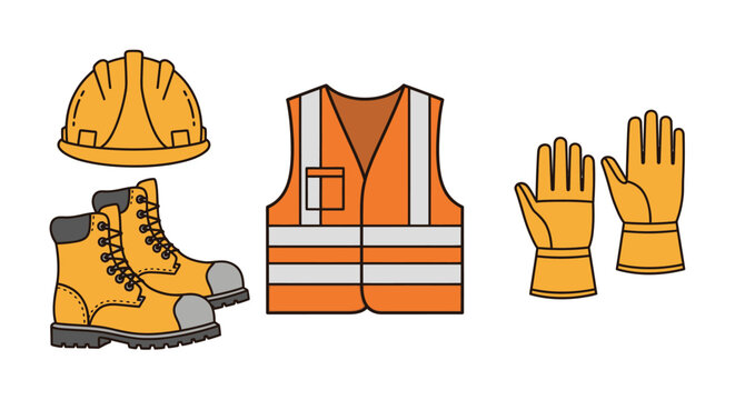 Set of construction safety gear icons including hard hat vest boots and gloves