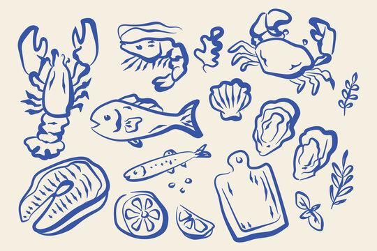 Seafood fish set naive blue sketch pattern vector