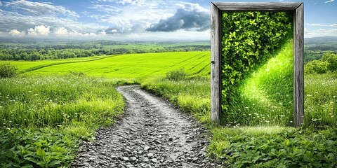 Fototapeta premium Ethereal Portal Leading to a Serene Meadow Pathway with a Green Doorway to a Summer Countryside View
