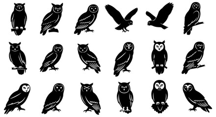 Obraz premium Collection of silhouette vector illustrations of various owl species in different poses and actions including perching flying and standing on branches against a clean white