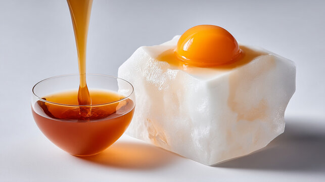 Golden amber liquid pouring into a small glass bowl next to a white cube with an egg yolk on top