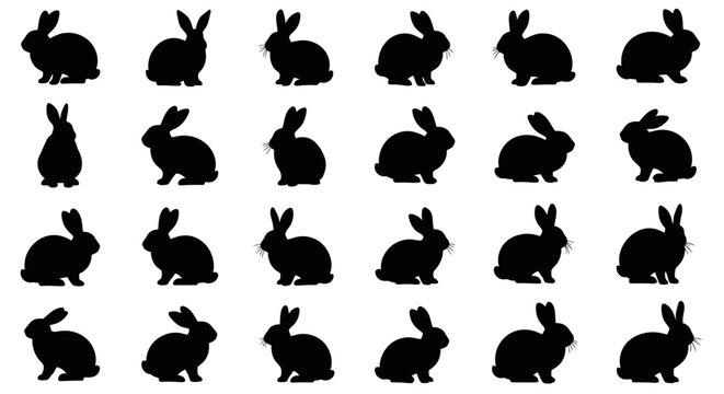 Seamless pattern of black rabbit silhouettes in various playful poses creating a whimsical and charming background for easter spring or animal themed designs isolated on white