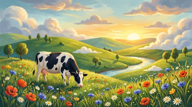 Dairy cow grazing on lush green meadow at sunrise with rolling hills and wildflowers representing natural farming and fresh milk production for World Milk Day 