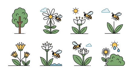 Set of cartoon icons depicting bees collecting nectar from flowers and other nature elements. © Setiaji