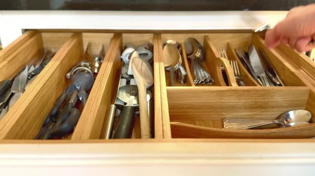 opening kitchen drawer full of utensils with hand and grabbing knife and fork