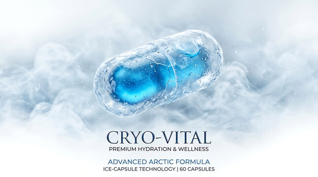 Elegant transparent capsule showcasing a vibrant blue icy core, symbolizing premium hydration and wellness through advanced cold technology for health supplements and vitality