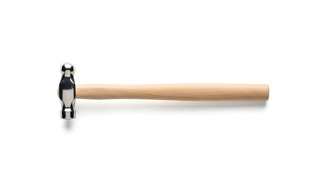 Ball-peen hammer with a smooth wooden handle lying horizontally on a white background