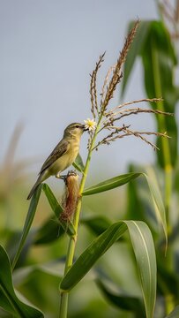 Small bird perches delicately on a tall corn stalk to feed on the plant in an agricultural field.