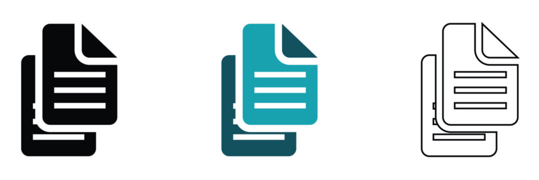 Document File Icons Set in Outline and Solid Styles. Document file icons in outline, solid black, and colour styles representing digital files, paperwork, office documents, and data storage concepts.